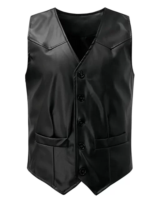 mens-v-neck-collar-black-faux-leather-vest