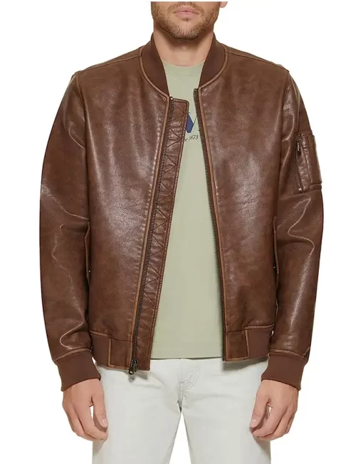 mens-brown-faux-leather-varsity-bomber-jacket
