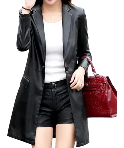 womens-black-faux-leather-mid-length-coat