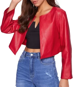 womens-open-front-red-faux-leather-jacket