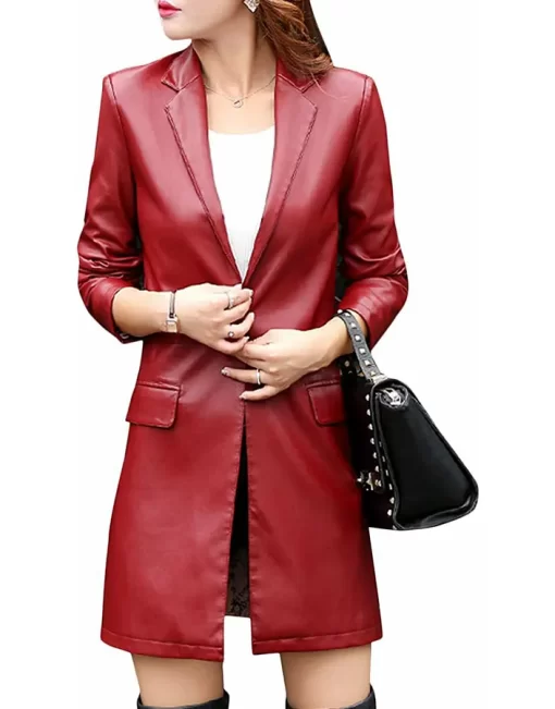 womens-red-faux-leather-mid-length-coat