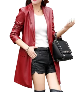 womens-red-faux-leather-mid-length-coat