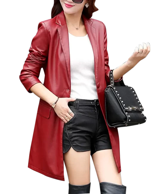 womens-red-faux-leather-mid-length-coat