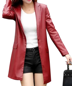 womens-red-faux-leather-mid-length-coat