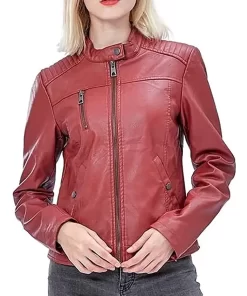 womens-snap-button-collar-red-faux-leather-jacket