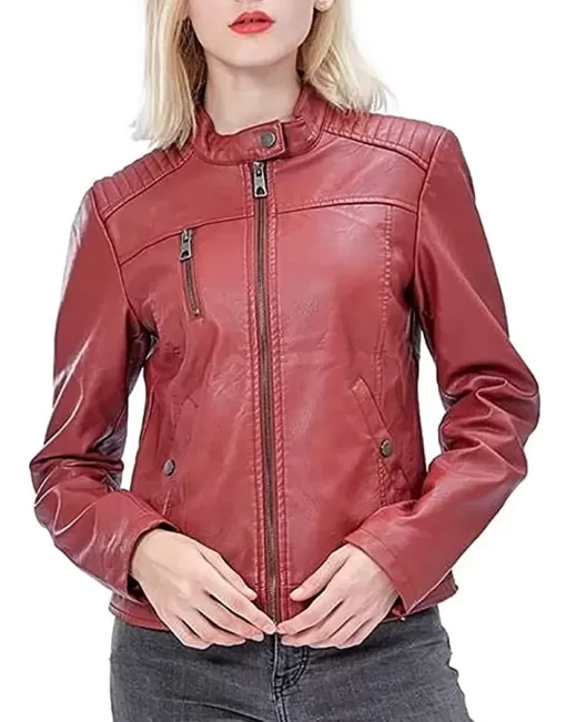womens-snap-button-collar-red-faux-leather-jacket