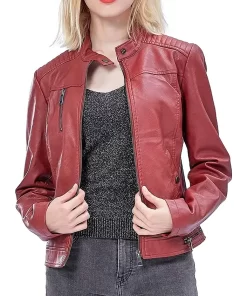 womens-snap-button-collar-red-faux-leather-jacket