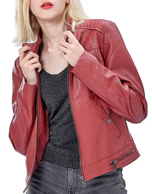 womens-snap-button-collar-red-faux-leather-jacket
