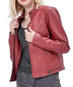 womens-snap-button-collar-red-faux-leather-jacket