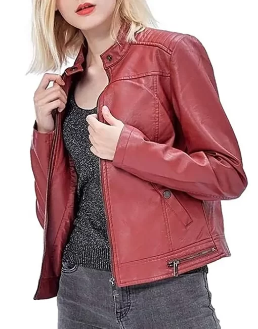 womens-snap-button-collar-red-faux-leather-jacket
