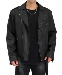 mens-black-faux-leather-belted-jacket