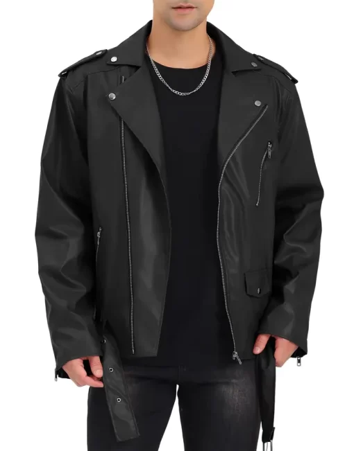 mens-black-faux-leather-belted-jacket