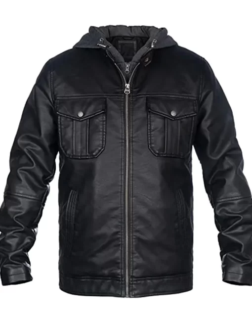 mens-black-faux-leather-bomber-jacket-with-hood