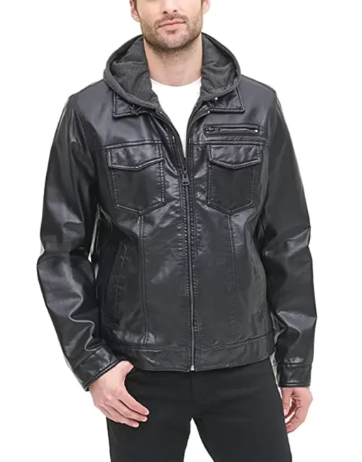 mens-black-faux-leather-trucker-hooded-jacket