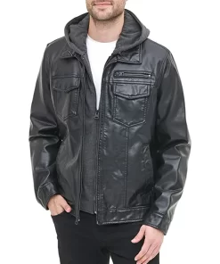 mens-black-faux-leather-trucker-hooded-jacket