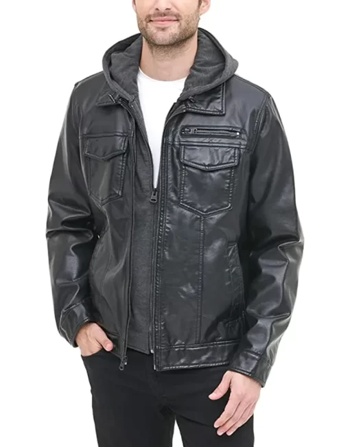 mens-black-faux-leather-trucker-hooded-jacket