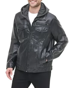 mens-black-faux-leather-trucker-hooded-jacket