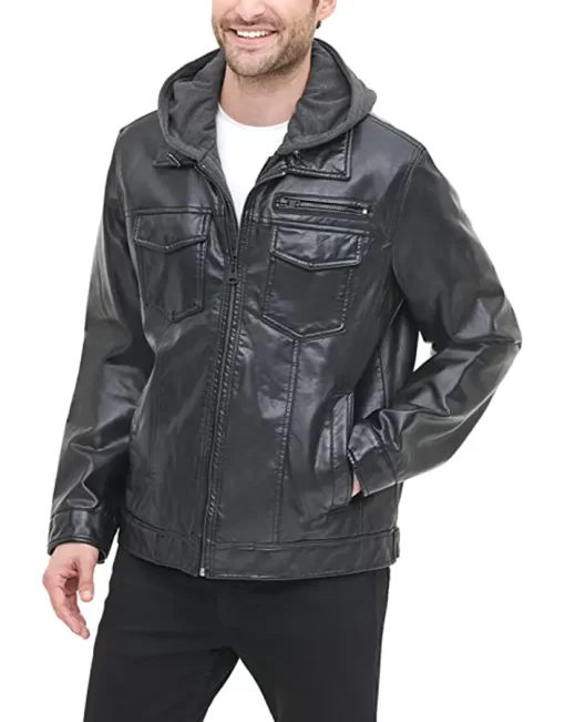 mens-black-faux-leather-trucker-hooded-jacket