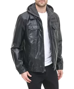 mens-black-faux-leather-trucker-hooded-jacket