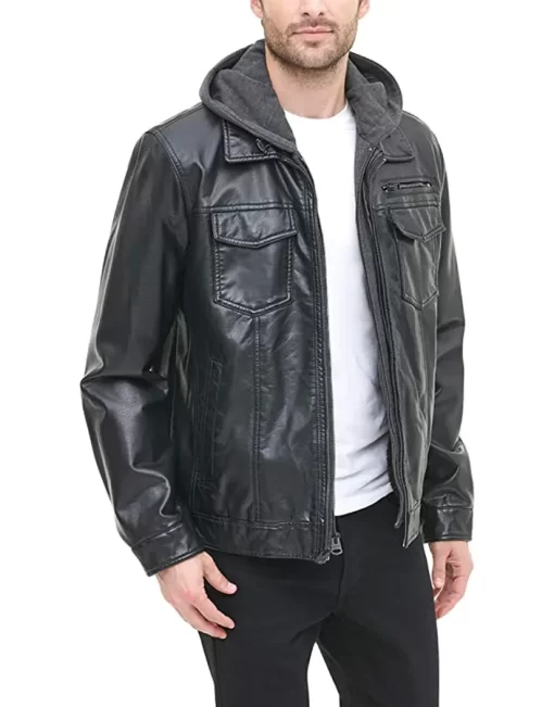 mens-black-faux-leather-trucker-hooded-jacket