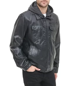 mens-black-faux-leather-trucker-hooded-jacket