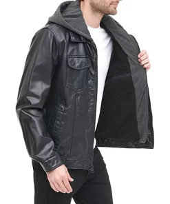 mens-black-faux-leather-trucker-hooded-jacket