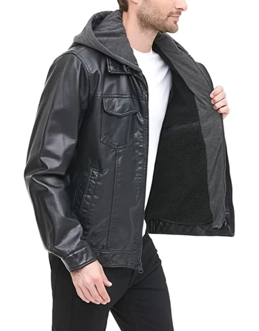 mens-black-faux-leather-trucker-hooded-jacket