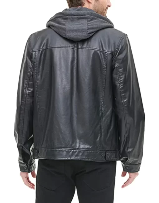 mens-black-faux-leather-trucker-hooded-jacket