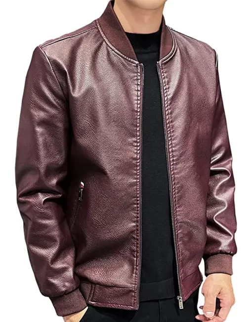 mens-burgundy-faux-leather-slim-fit-bomber-jacket
