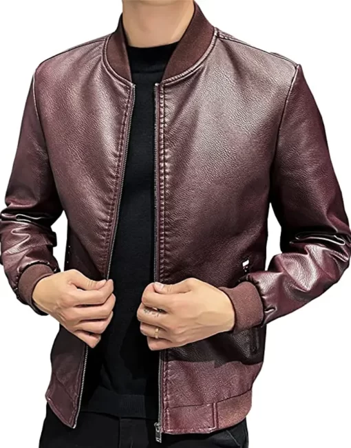 mens-burgundy-faux-leather-slim-fit-bomber-jacket