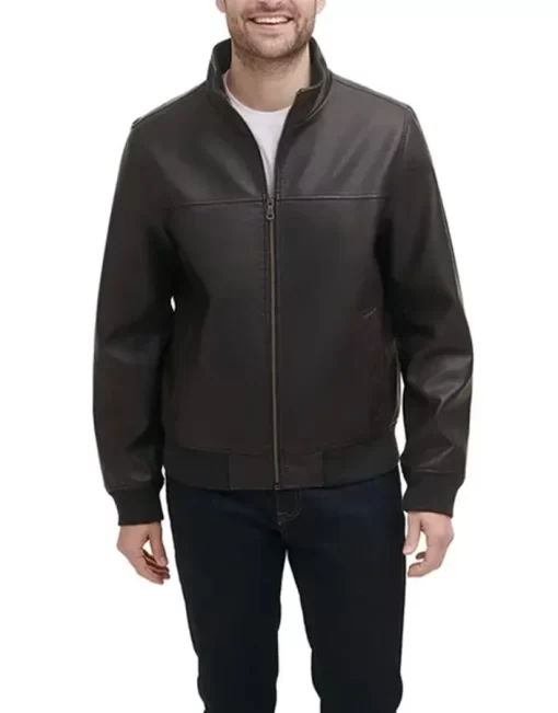 mens-dark-brown-faux-leather-bomber-jacket