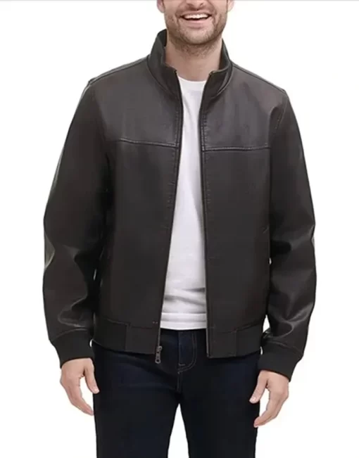 mens-dark-brown-faux-leather-bomber-jacket