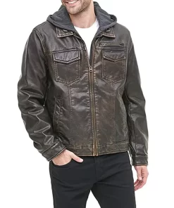 mens-dark-brown-faux-leather-hooded-jacket