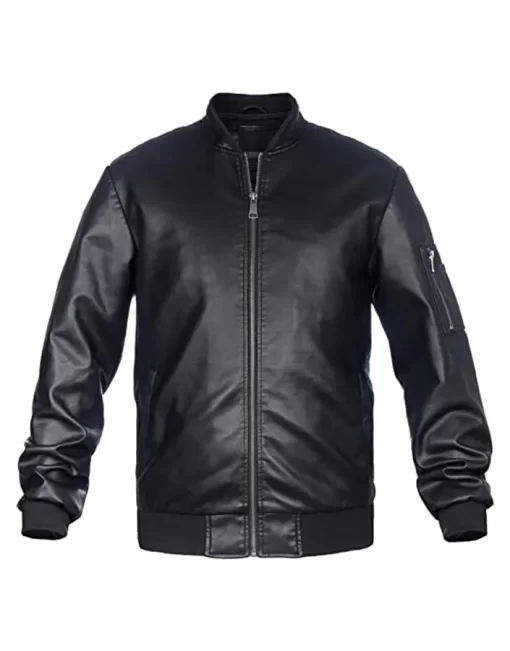 mens-simple-look-black-faux-leather-bomber-jacket