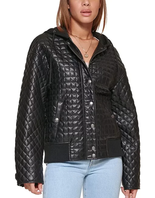 womens-black-faux-leather-box-quilted-jacket-with-hood