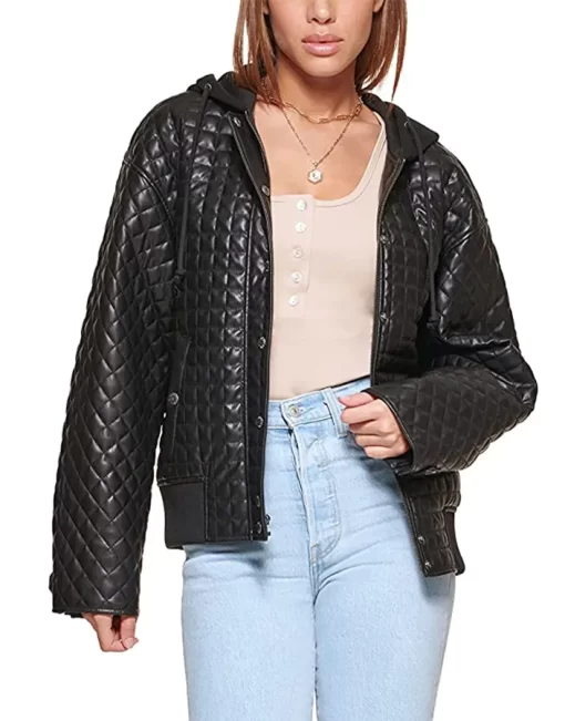 womens-black-faux-leather-box-quilted-jacket-with-hood