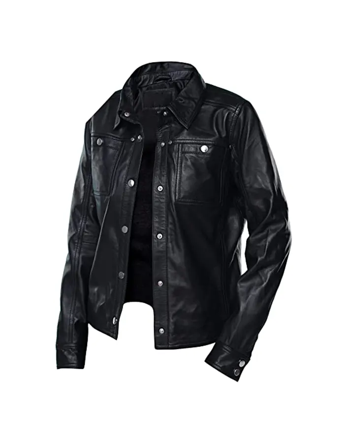 womens-button-front-shirt-collar-black-faux-leather-jacket-3 womens-button-front-shirt-collar-black-faux-leather-jacket