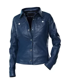 womens-button-front-shirt-collar-blue-faux-leather-jacket