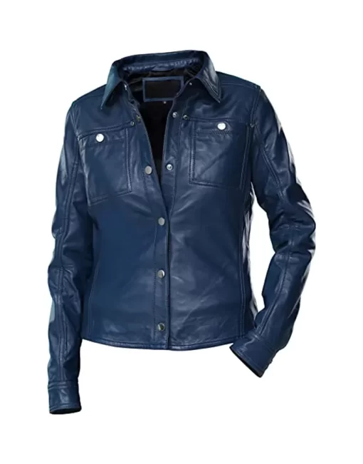 womens-button-front-shirt-collar-blue-faux-leather-jacket
