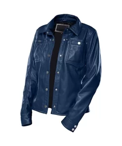 womens-button-front-shirt-collar-blue-faux-leather-jacket