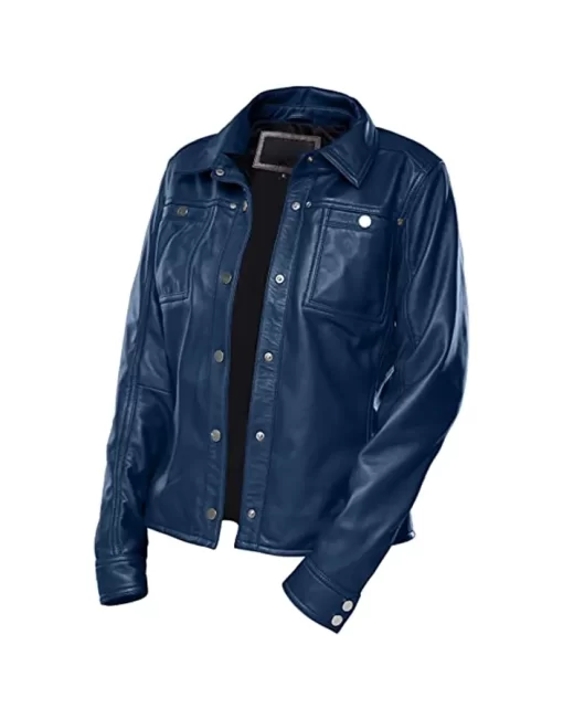 womens-button-front-shirt-collar-blue-faux-leather-jacket