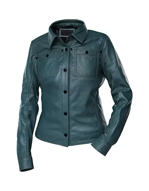 womens-button-front-shirt-collar-green-faux-leather-jacket