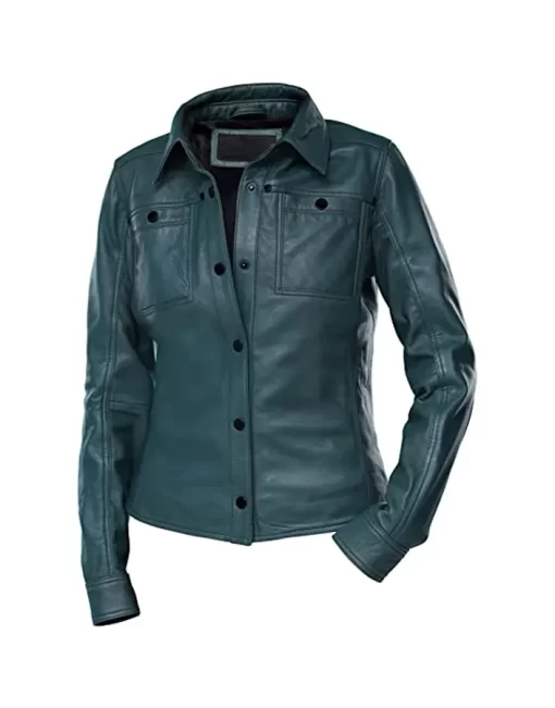 womens-button-front-shirt-collar-green-faux-leather-jacket