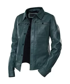 womens-button-front-shirt-collar-green-faux-leather-jacket