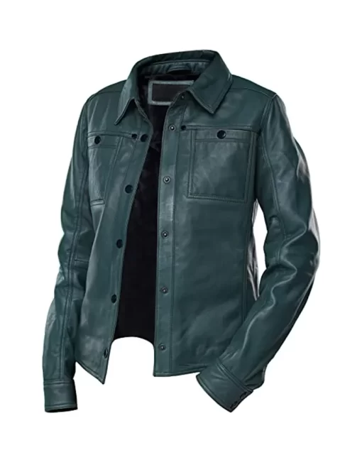 womens-button-front-shirt-collar-green-faux-leather-jacket