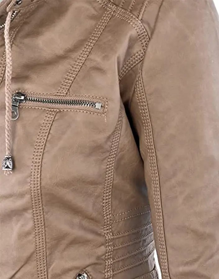 womens-khaki-faux-leather-motorcycle-jacket-with-removable-hood-4 womens-khaki-faux-leather-motorcycle-jacket-with-removable-hood
