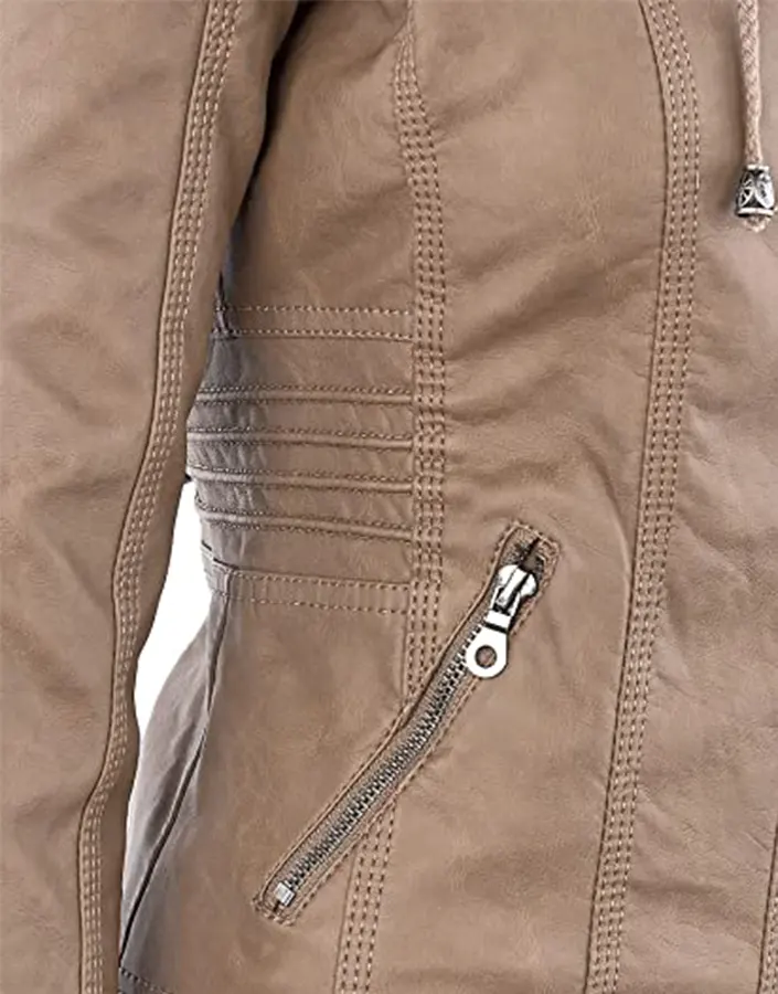 womens-khaki-faux-leather-motorcycle-jacket-with-removable-hood-5 womens-khaki-faux-leather-motorcycle-jacket-with-removable-hood