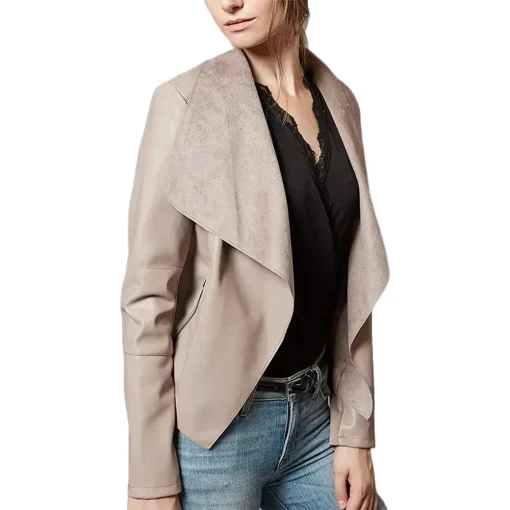 womens-open-front-khaki-faux-leather-jacket