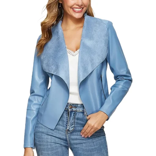 womens-open-front-light-blue-faux-leather-jacket