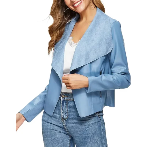 womens-open-front-light-blue-faux-leather-jacket